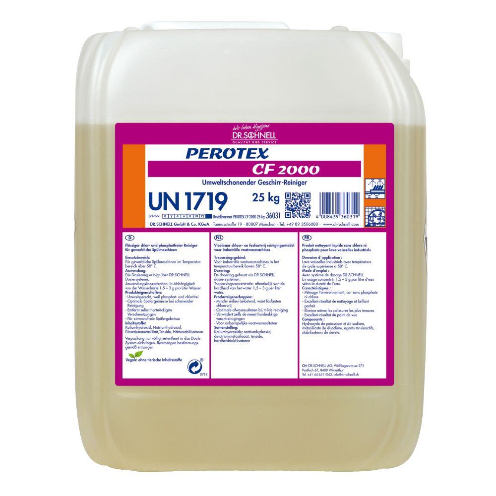 Plastikowy pojemnik o wadze 25 kg z Dr. Schnell PEROTEX CF 2000 Środek do mycia naczyń bez chloru firmy DR.SCHNELL GmbH & Co. KGaA, oznaczony instrukcjami w kilku językach, symbolami bezpieczeństwa i kodem substancji niebezpiecznej UN 1719.