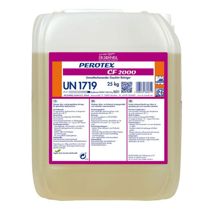 Plastikowy pojemnik o wadze 25 kg z Dr. Schnell PEROTEX CF 2000 Środek do mycia naczyń bez chloru firmy DR.SCHNELL GmbH & Co. KGaA, oznaczony instrukcjami w kilku językach, symbolami bezpieczeństwa i kodem substancji niebezpiecznej UN 1719.