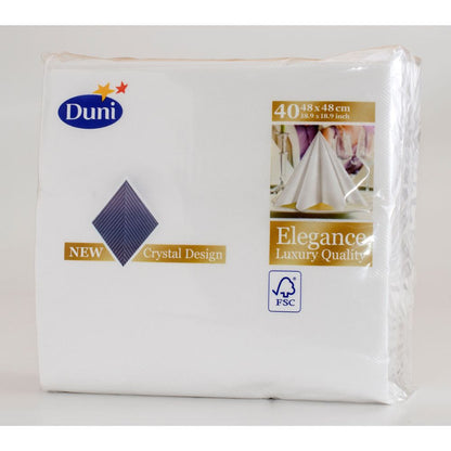 Eine Packung mit 40 weißen Duni GmbH Elegance-Servietten Crystal Servietten (48 x 48 cm, 1/4 Falz) mit einem Kristalldesign und einem FSC-Logo in der rechten unteren Ecke.