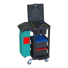 Arcora Ecoblack 140 firmy Arcora International GmbH to czarny i niebiesko-zielony wózek (740 x 600 x 1100 mm) z pojemnikami, tacami, bocznym pojemnikiem na odpady oraz otwartym, podzielonym dachem - idealny na środki czystości lub ekologiczne kartony.