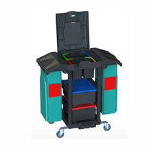 Wózek sprzątający Arcora Ecoblack 150 (1030 x 600 x 1100 mm) firmy Arcora International GmbH posiada czarną ramę, boczne przegródki oraz cztery kolorowe pojemniki do łatwej organizacji opakowań wysyłkowych. Dostarczany jako jedna sztuka w kartonie.