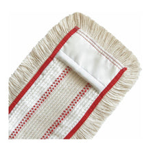 Zbliżenie prostokątnego mopa Arcora QUATTRO od Arcora International GmbH z beżowymi frędzlami i czerwonym brzegiem do efektywnego czyszczenia podłogi.