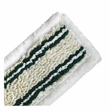 Zbliżenie na Arcora Hospital Quattro Plus Mop Zielony Brzeg Micro 40 cm od Arcora International GmbH, z białymi włóknami strukturalnymi i zielonymi paskami, idealny do higienicznego czyszczenia w opiece zdrowotnej, przedstawiony na prostym białym tle.