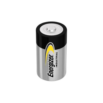 Cylindryczna bateria z metalową obudową i czarną górą. Na obudowie jest nadrukowana marka „Energizer Industrial” w czarnym i żółtym napisie. Ta bateria alkaliczna Energizer, C/Baby, 1,5 V | Opakowanie (12 sztuk) firmy Energizer Deutschland GmbH ma standardowe złącze na górze. Projekt jest prosty i praktyczny.