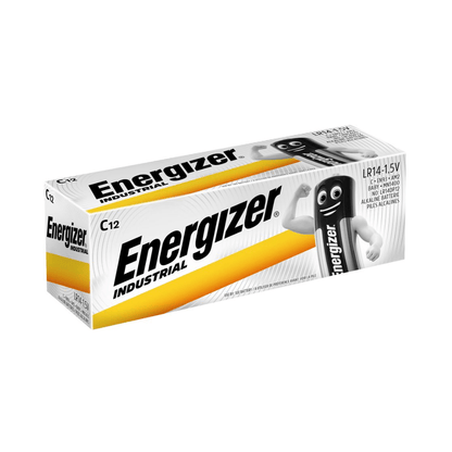 Pudełko baterii alkalicznych Energizer, C/Baby, 1,5 V | Opakowanie (12 sztuk) firmy Energizer Deutschland GmbH. Opakowanie w kolorach białym, żółtym i szarym wyraźnie pokazuje logo Energizer oraz wizerunek postaci baterii. Pudełko zawiera 12 baterii alkalicznych C/Baby 1,5 V Energizer i zapewnia długotrwałą energię dla Twoich urządzeń.