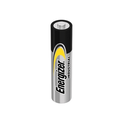 Pojedyncza bateria Energizer Industrial Alkaline EN92 LR03 AAA Micro z opakowania (10 sztuk) od Energizer Deutschland GmbH stoi pionowo. Ma czarno-srebrno-żółty design z nazwą marki „Energizer” i słowem „Industrial” pionowo z boku. Widoczny jest górny styk baterii o napięciu 1,5 V.