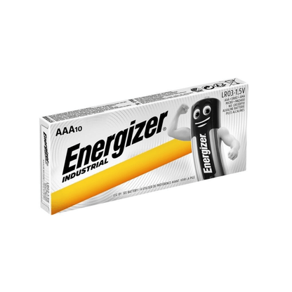 Przedstawione jest prostokątne opakowanie Energizer Industrial Alkaline EN92 LR03 AAA Micro | Opakowanie (10 sztuk) od Energizer Deutschland GmbH. Białe pudełko z żółtymi i czarnymi akcentami zawiera 10 baterii. Na przedniej stronie znajduje się logo Energizer i obrazek postaci baterii z ramionami. Każda bateria dostarcza prąd o napięciu 1,5 V.