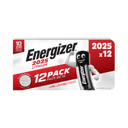Obrazek przedstawia opakowanie baterii guzikowej Energizer CR 2025 3V 163 mAh Lithium | Opakowanie (12 sztuk) od Energizer Deutschland GmbH, oznaczone jako opakowanie 12 sztuk z długotrwałą wydajnością. Biało-czerwone opakowanie przedstawia znak w kształcie baterii i informuje o trwałości 10 lat oraz zabezpieczeniu przed dziećmi.