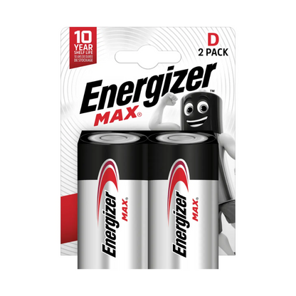 Obraz przedstawia blister z dwiema bateriami Energizer Max Alkaline w rozmiarze D-Mono-LR20. Opakowanie wskazuje na trwałość 10 lat i zawiera figurkę z uśmiechniętym wzorem baterii. Trwała bateria Energizer Max Alkaline D-Mono-LR20 | Opakowanie (2 sztuki) od Energizer Deutschland GmbH ma czarno-srebrny design z czerwonymi akcentami.