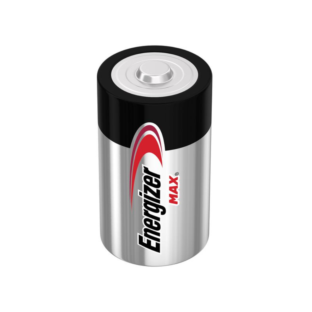 Cylindryczna bateria Energizer Max Alkaline D-Mono-LR20 | Opakowanie (2 sztuki) od Energizer Deutschland GmbH jest przedstawiona na białym tle. Bateria ma srebrną obudowę, czarną górę i czerwony falisty wzór w pobliżu góry. Nazwa marki „Energizer” i słowo „Max” są nadrukowane z boku.