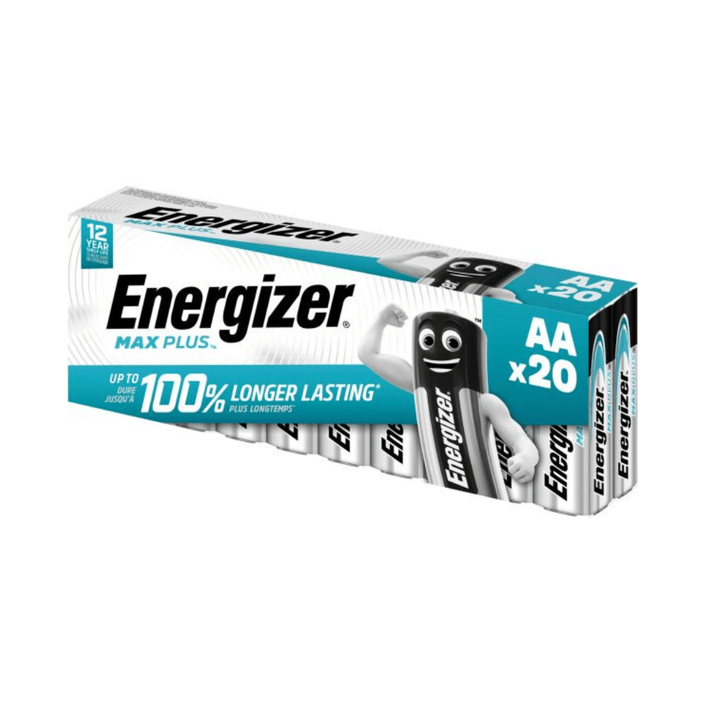 Na zdjęciu znajduje się opakowanie 20 sztuk baterii Energizer Max Plus Mignon AA od Energizer Deutschland GmbH. Opakowanie reklamuje się „100% dłuższą żywotnością” i trwałością do 12 lat. Nazwa marki „Energizer Max Plus” jest wyraźnie widoczna, wraz z obrazem figury baterii z ramionami, co podkreśla długi czas pracy i niezawodność baterii.