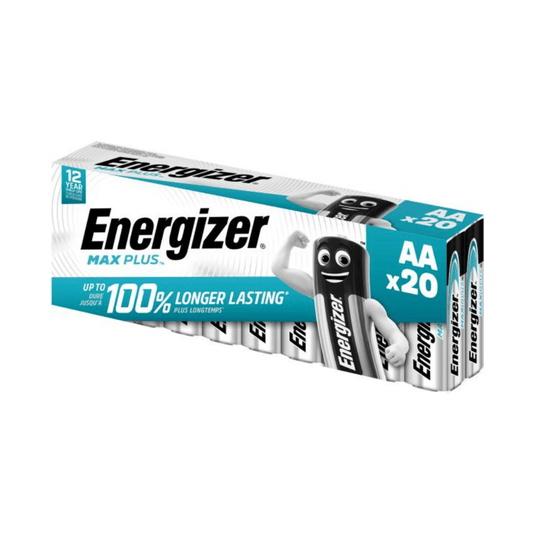Na zdjęciu widoczne jest opakowanie zawierające 20 sztuk baterii Energizer Max Plus Mignon AA firmy Energizer Deutschland GmbH. Na opakowaniu podano hasło reklamowe „o 100 % dłuższa żywotność” oraz okres przydatności wynoszący 12 lat. Nazwa marki „Energizer Max Plus” jest wyraźnie widoczna wraz z ilustracją baterii z ramionami, co podkreśla długi czas pracy i niezawodność baterii.