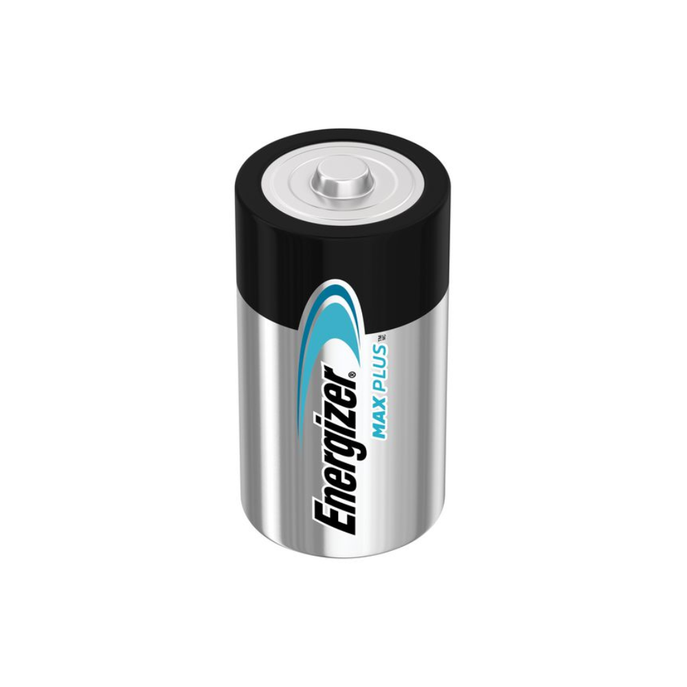Cylindryczna bateria z srebrną obudową i czarną górą z napisem „Energizer Max Plus Mono D LR20 Alkaline 1,5V Batterie | Packung (20 Stück)“ od Energizer Deutschland GmbH, która oferuje potężne źródło energii. Logo Energizer i niebieski akcentowy design są widoczne z przodu, a na górze widoczny jest biegun dodatni.