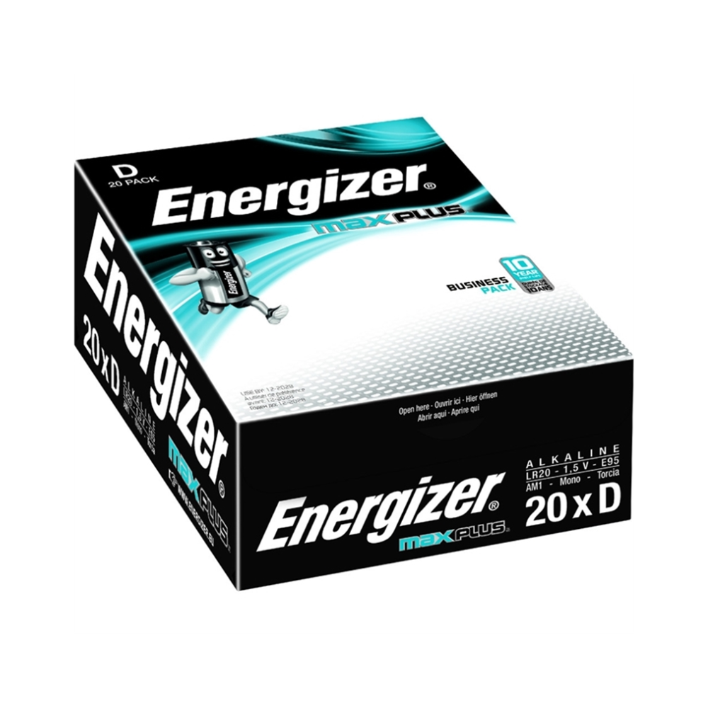 Na zdjęciu znajduje się czarno-biało-niebiesko-zielone pudełko Energizer Max Plus Mono D LR20 Alkaline 1,5V Batterie | Packung (20 Stück). Pudełko zawiera 20 baterii Mono D LR20 Alkaline. Obraz podkreśla opakowanie z szczegółami produktu i znakami towarowymi, w tym logo Energizer Deutschland GmbH i napis „20 x D“ na boku.
