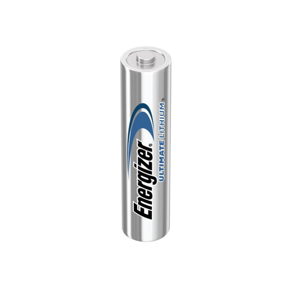Pojedyncza bateria Energizer Ultimate Lithium Micro, LR03 AAA | Opakowanie (10 sztuk) stoi pionowo i prezentuje swoje eleganckie metaliczno-srebrne wykończenie. Logo marki jest wyraźnie umieszczone w kolorze czarnym i niebieskim z boku. Ta bateria AAA jest idealna do zaawansowanych technologicznie zastosowań i zapewnia długotrwałą wydajność i niezawodność.