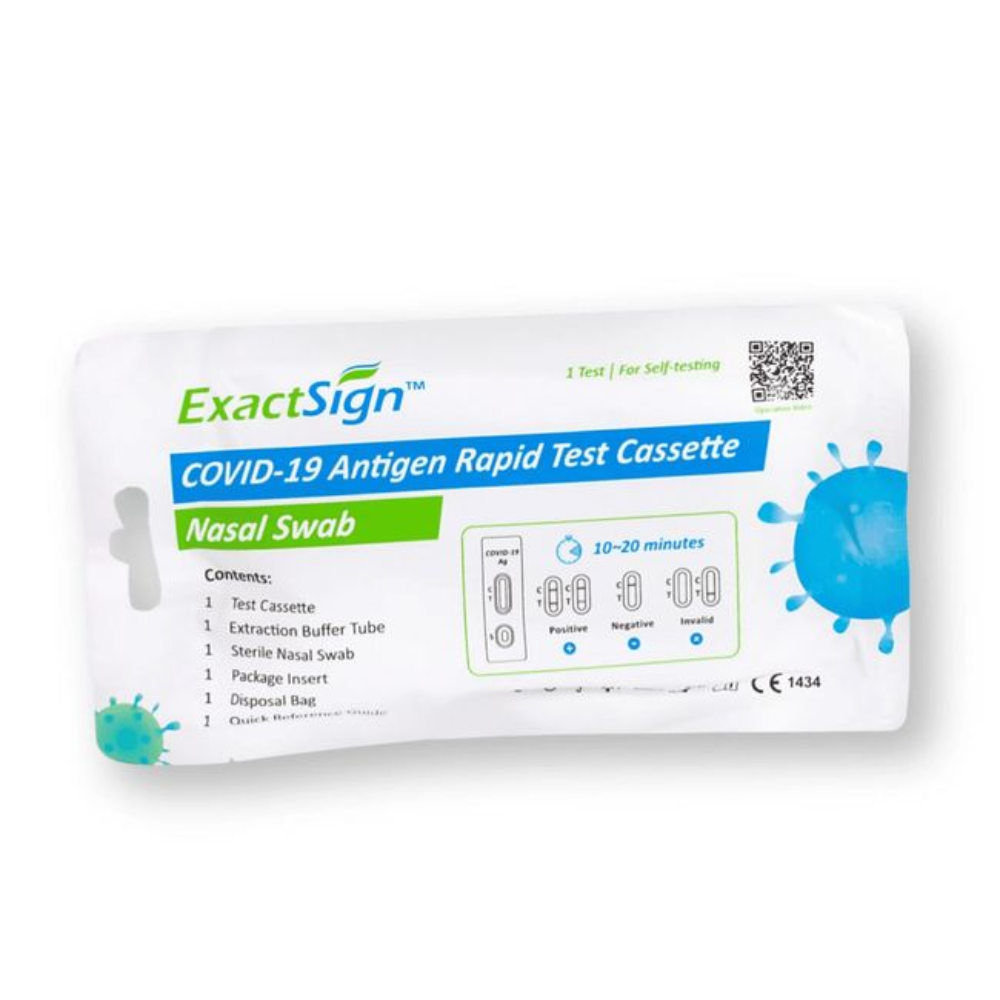 ExactSign Test antygenowy Covid-19 (test domowy), Softpack: Zestaw do samodzielnego testowania z wymazem z nosa, lista składników, czas wyniku 10-20 minut i pomoc w interpretacji dla wyników pozytywnych/negatywnych/nieważnych. Idealny do szybkiego testu SARS-CoV-2 w domu.