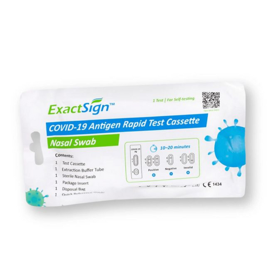 ExactSign Covid-19 Antigen Schnelltest (Laientest), Softpack: Selbsttest-Kit mit Nasenabstrich, Inhaltsliste, Ergebniszeit 10-20 Minuten und Interpretationshilfe für positive/negative/ungültige Ergebnisse. Ideal für den schnellen SARS-CoV-2-Test zu Hause.