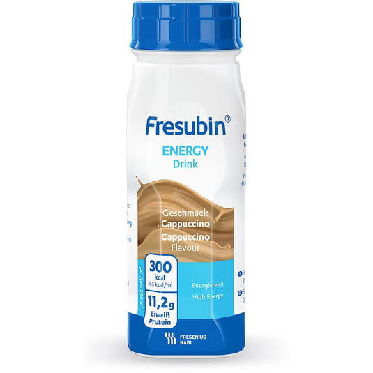 200 ml Fresubin Energy Drink od Fresenius Kabi Deutschland GmbH, smak cappuccino, z niebieską zakrętką i białą etykietą z informacjami o wartości odżywczej: 300 kcal, 11,2 g białka i wysoką zawartością energii.