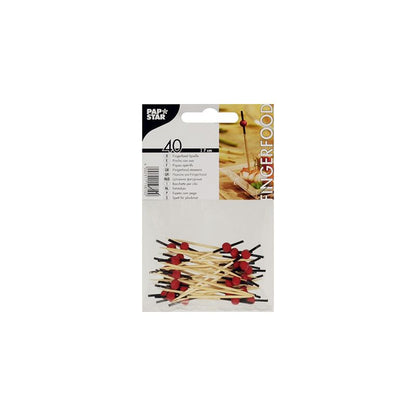 Opakowanie pickerów do finger food PAPSTAR od PAPSTAR GmbH zawiera 40 bambusowych szpikulców z czerwonymi uchwytami. Przezroczyste opakowanie pozwala zobaczyć ekologiczne szpikulce i zawiera etykietę z szczegółami produktu oraz zdjęciem szpikulców w użyciu.