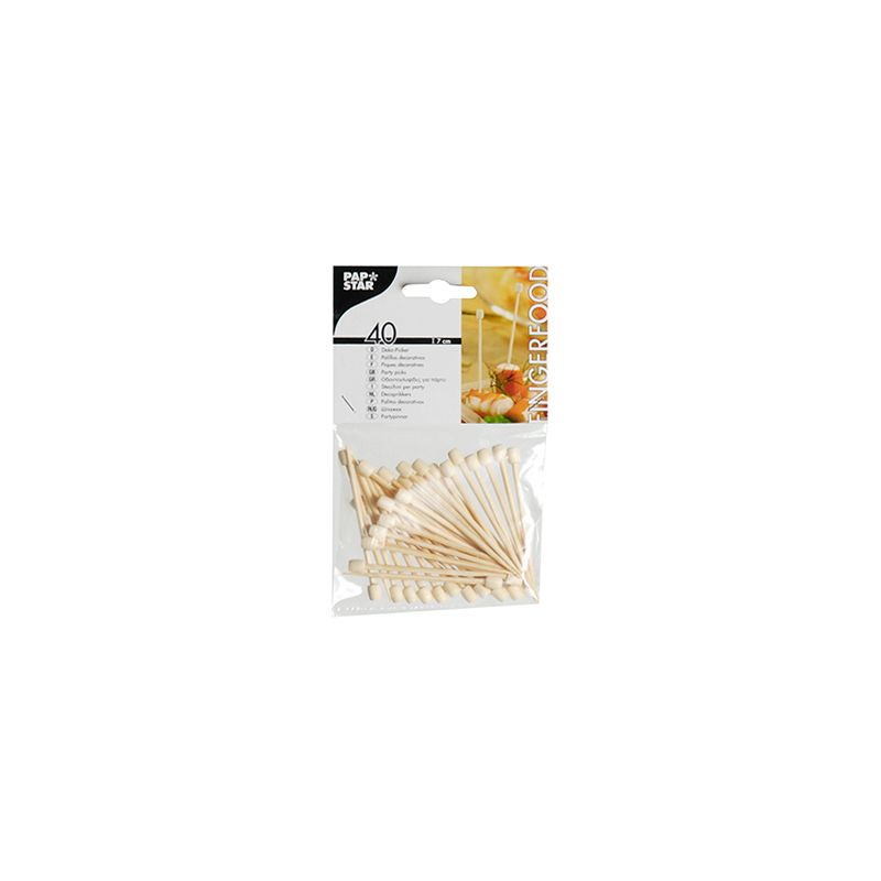 Zestaw 40 szpikulców do finger food PAPSTAR, każdy o długości 7 cm i z różnymi motywami, jest starannie prezentowany przez PAPSTAR GmbH w przezroczystej plastikowej torbie z kartonową etykietą. Szpikulce są artystycznie rozłożone, a etykieta ozdobiona tekstem i dekoracyjnymi motywami finger food.