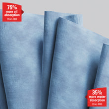 Nahaufnahme der blauen WypAll® X90 PowerClean Großrolle von Kimberly-Clark GmbH, mit Text: "75% mehr Ölaufnahme (als X80)" oben links und "35% mehr Wasseraufnahme (als X80)" unten rechts. 1 Rolle x 450 Blatt pro Karton.