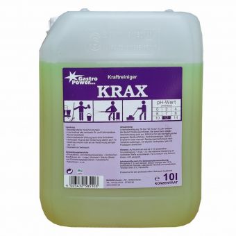 Przezroczysty pojemnik o pojemności 10 litrów z napisem "GastroPower Krax" firmy Abena Re-Seller GmbH, z fioletową etykietą z instrukcjami i symbolami bezpieczeństwa. Żółto-zielony płyn idealnie nadaje się jako środek do usuwania tłuszczu i środek czyszczący do profesjonalnych kuchni.