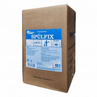 Brązowy karton z napisem "GastroPower Spülfix Öko-Box, 10 l" firmy Abena Re-Seller GmbH z niebiesko-białą instrukcją, symbolami zagrożenia i oznaczeniem 10 litrów; ten biodegradowalny środek do mycia naczyń jest przyjazny dla środowiska.
