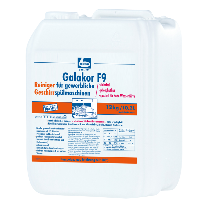 Biały plastikowy kanister o pojemności 12 kg firmy Dr. Becher GmbH z napisem "Dr. Becher Galakor F9 Środek do mycia naczyń", na którego przedniej stronie znajdują się informacje o produkcie i instrukcje w języku niemieckim dla przemysłowych zmywarek do naczyń.