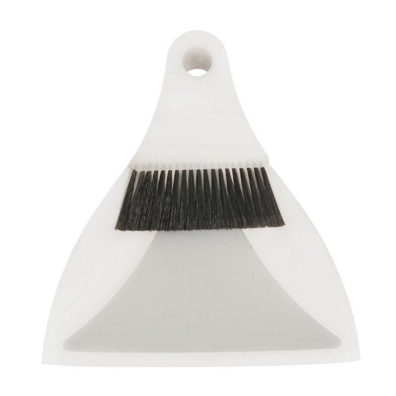 FLEXI KEHRGARNITUR/TISCHKEHRER POLYESTER, ø 0,20MM WEICH od Haug Bürsten KG to kompaktowa biała szufelka i pasująca ręczna miotła z czarnym włosiem, minimalistycznym designem, otworami do zawieszania - idealne narzędzie do sprzątania w gospodarstwie domowym.