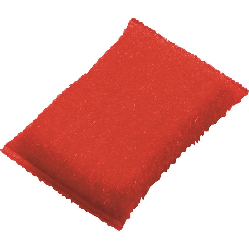 Mała gąbka ścierna Haug Bürsten KG, PP, TWARDY (130x85x30mm) to czerwony, prostokątny zmywak kuchenny z teksturowaną powierzchnią szorującą, wykonany z polipropylenu dla efektywnego czyszczenia. Lekko zaokrąglone krawędzie; nieużywany; na karcie sprzedażowej.