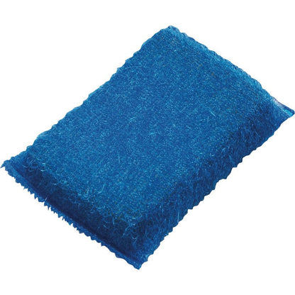 Na zdjęciu prostokątna niebieska gąbka ścierna, MAŁA, PP, TWARDY (130x85x30mm) od Haug Bürsten KG z teksturowaną powierzchnią do efektywnego czyszczenia kuchni na białym tle.
