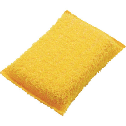 Na zdjęciu żółta prostokątna gąbka ścierna, MAŁA od Haug Bürsten KG (130x85x30mm, PP, twardy) z teksturowaną powierzchnią szorującą z włókna na białym tle.