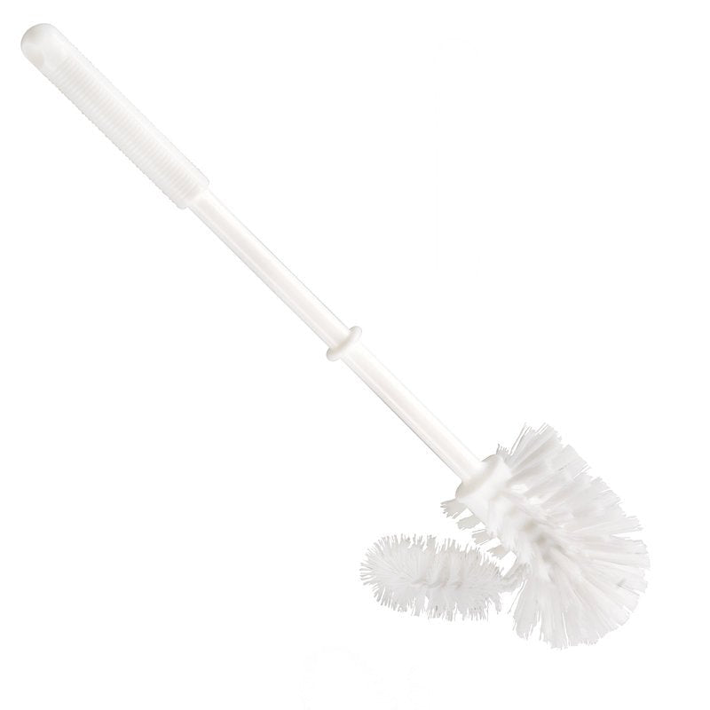 Die Haug Bürsten KG WC-RANDREINIGERBÜRSTE,KLEIN ma sztywne włosie o grubości 0,35 mm, zakrzywioną główkę i długi biały uchwyt PP (365xø75mm), który jest przedstawiony na białym tle.