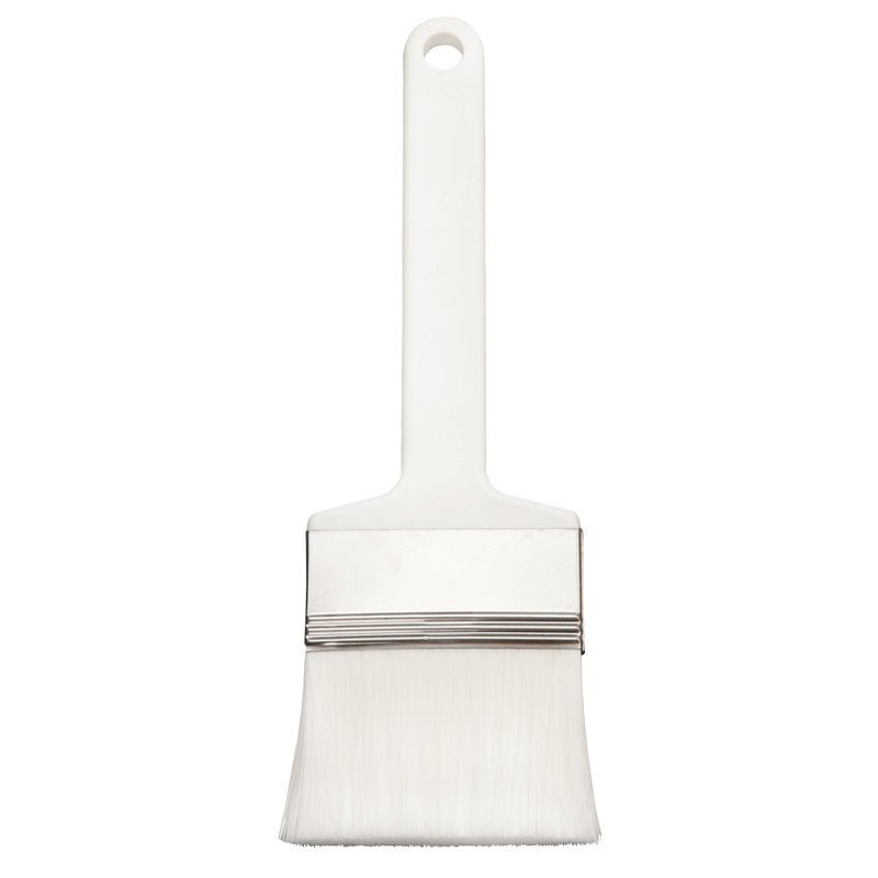 Die Haug Bürsten KG FLACHPINSEL,PBT WEIß GESPITZT ø 0,25MM WEICH (230x70x50mm) posiada miękkie białe włosie PBT, metalową skuwkę i plastikowy uchwyt z otworem do zawieszania, który jest przedstawiony pionowo na białym tle.