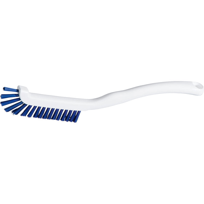 Szczotka do klawiatury Haug Bürsten KG posiada miękkie niebieskie włosie PBT (ø0,25 mm) oraz biały, zakrzywiony uchwyt z otworem do zawieszania; idealna do szorowania klawiatur. Wymiary: 220x15x19mm. Przedstawiona na białym tle.