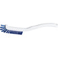 Szczotka do klawiatury Haug Bürsten KG posiada miękkie niebieskie włosie PBT (ø0,25 mm) oraz biały, zakrzywiony uchwyt z otworem do zawieszania; idealna do szorowania klawiatur. Wymiary: 220x15x19mm. Przedstawiona na białym tle.