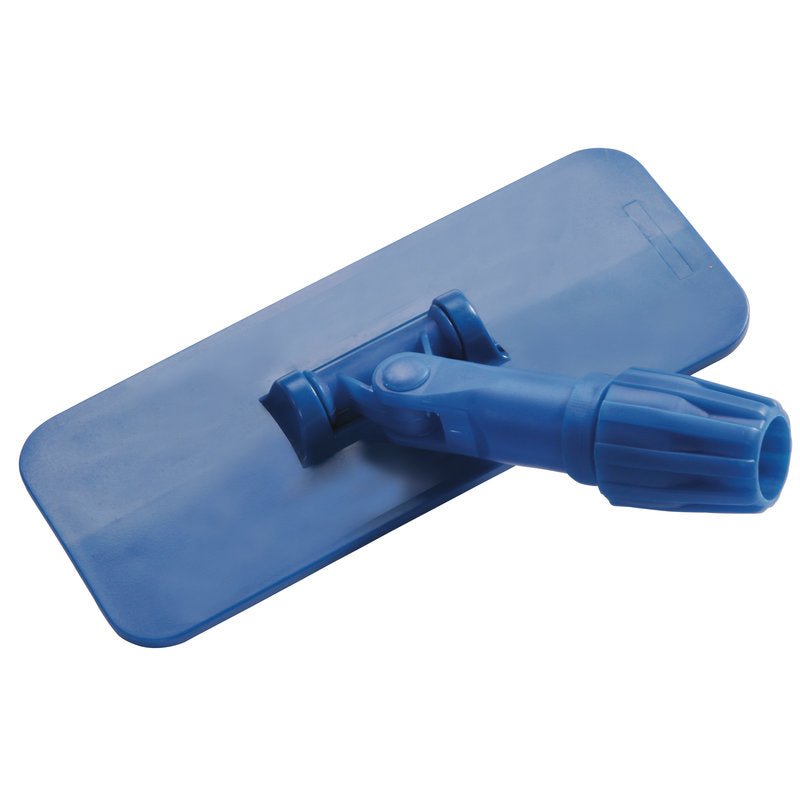 UCHWYT DO PADÓW PODŁOGOWYCH Haug Bürsten KG to niebieska, prostokątna głowica mopa PP (230x95x55mm) z podwójnym przegubem i nakrętką do mocowania trzonka, idealna do czyszczenia podłóg; przedstawiony bez padów na białym tle.