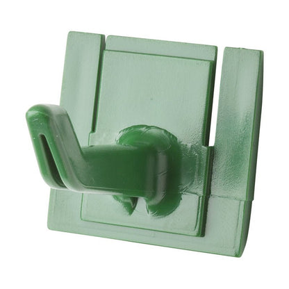 Haug Bürsten KG ERZAT-STIELHALTERUNG HAKEN 42x32x31mm, do Art.8699, to zielony plastikowy hak ścienny z prostokątną podstawą i pojedynczym ukośnym hakiem, idealny do wieszania narzędzi lub małych przedmiotów.