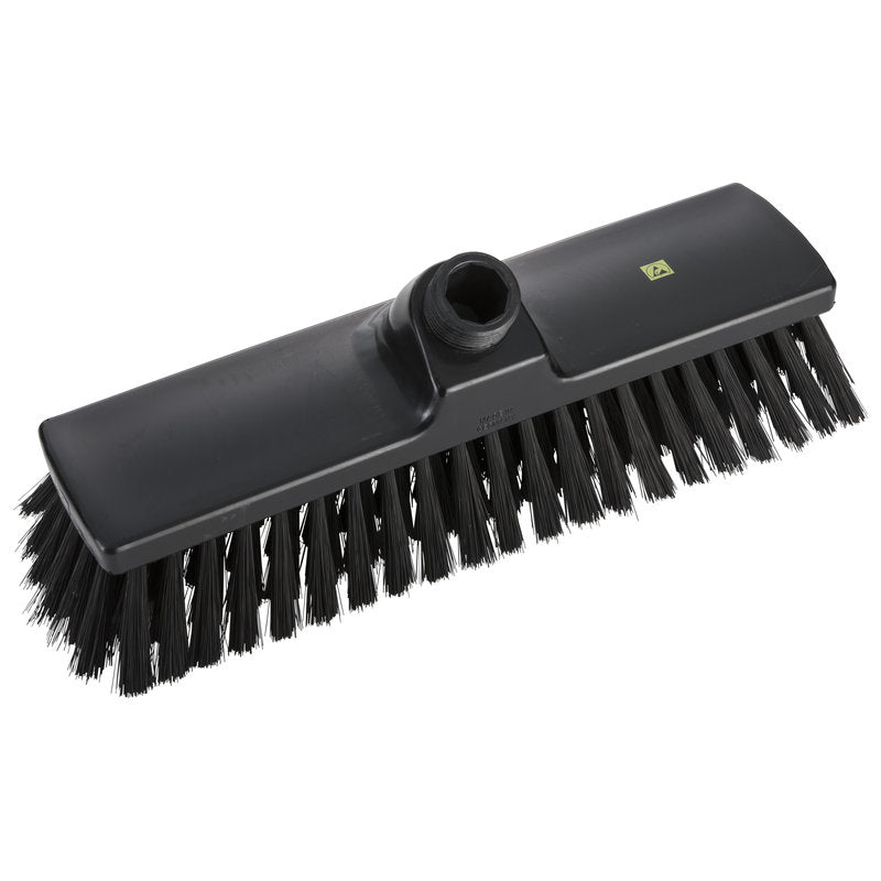 ESD MIOTŁA, NYLON 6.0 CZARNY ø0,30MM MIĘKKI,300X70X50MM od Haug Bürsten KG to czarna antystatyczna głowica miotły z miękkimi nylonowymi włosiami i nasadką na trzonek, idealna do czyszczenia delikatnych powierzchni. Przedstawiona na białym tle.