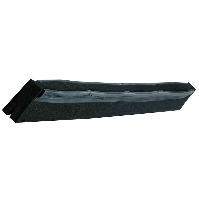 ERZATZOWA GUMA WARGOWA, 2-WARGOWA, Z CZARNEGO KAUCZUKU KOMÓRKOWEGO, 320X20X22MM od Haug Bürsten KG to czarna wentylacja kalenicy z kauczuku komórkowego z szwem przypominającym zamek błyskawiczny na górze, przedstawiona z boku.