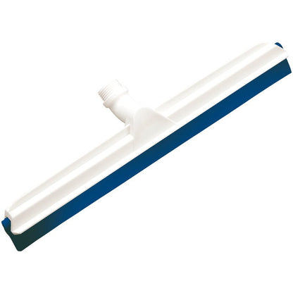 GELENK-WASSERSCHIEBER Haug Bürsten KG, 2-wargowy do żywności, 560x43x22mm to biały plastikowy ściągacz do podłóg z niebieską gumową listwą i centralną mufą gwintowaną, idealny do zastosowania w przemyśle spożywczym.