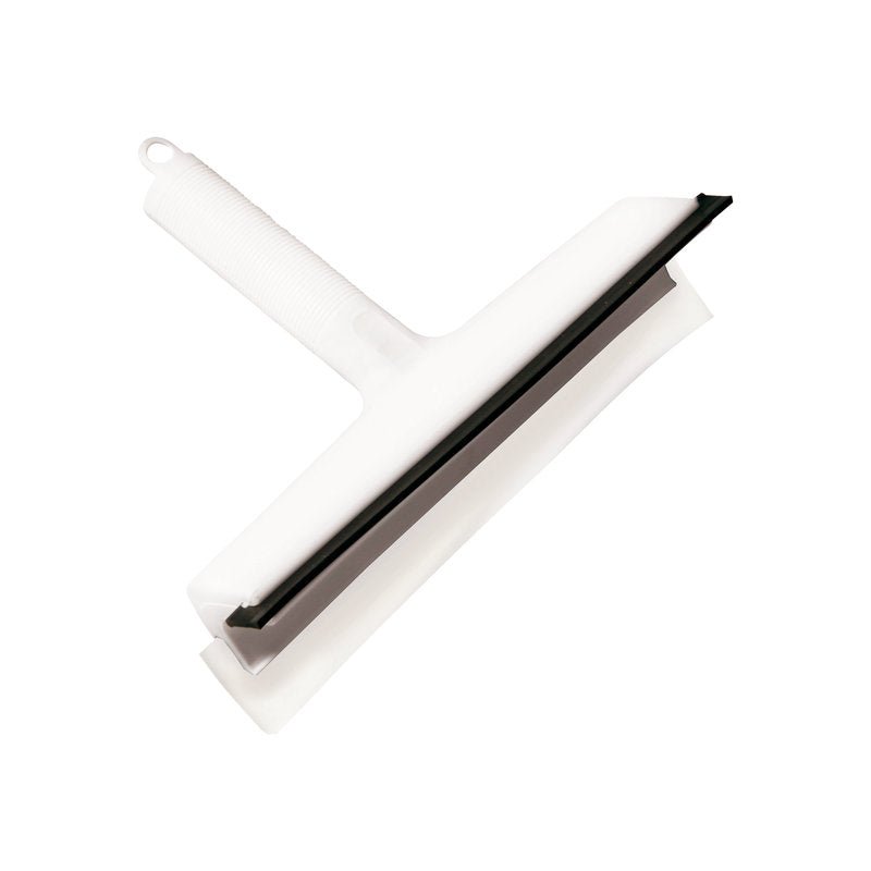 Ten Haug Bürsten Produkt KG THEKENREINIGER posiada gumową ściereczkę o szerokości 265 mm, dopuszczoną do kontaktu z żywnością, oraz gumową krawędź z białym, żebrowanym uchwytem z tworzywa sztucznego; idealnie nadaje się do czyszczenia okien lub płaskich powierzchni; przedstawiony na prostym białym tle.