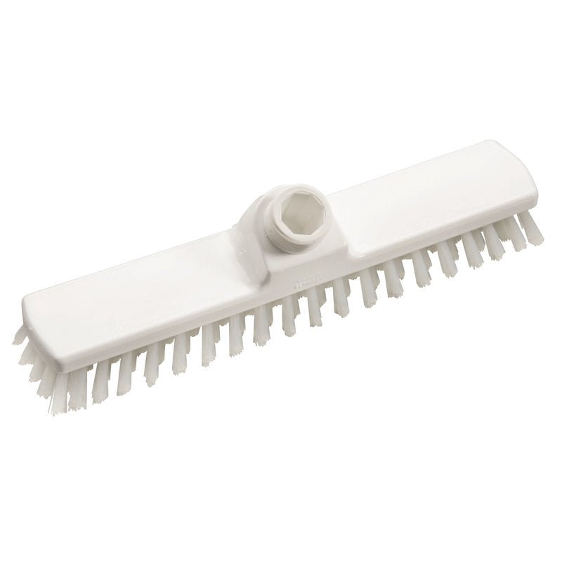 Die Haug Bürsten KG WISCHER, PBT transparent ø 0,50mm hart 280x50x26mm to biała, prostokątna głowica szczotki z sztywnymi, równomiernie rozmieszczonymi włosiami na brzegach i centralnym otworem na trzonek.