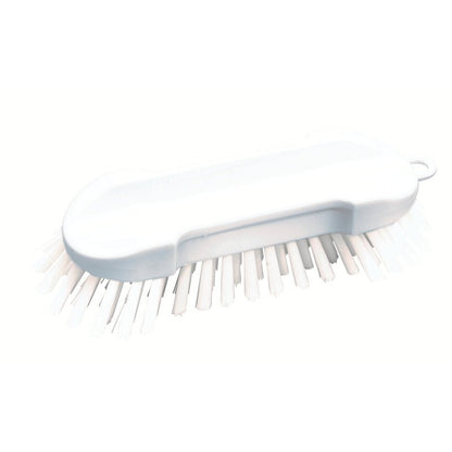 WASCHBÜRSTE RUND, PBT HART 205X65X30MM od Haug Bürsten KG to biała okrągła szczotka z tworzywa sztucznego ze sztywnym włosiem i lekko zakrzywionym uchwytem, przedstawiona na prostym białym tle.