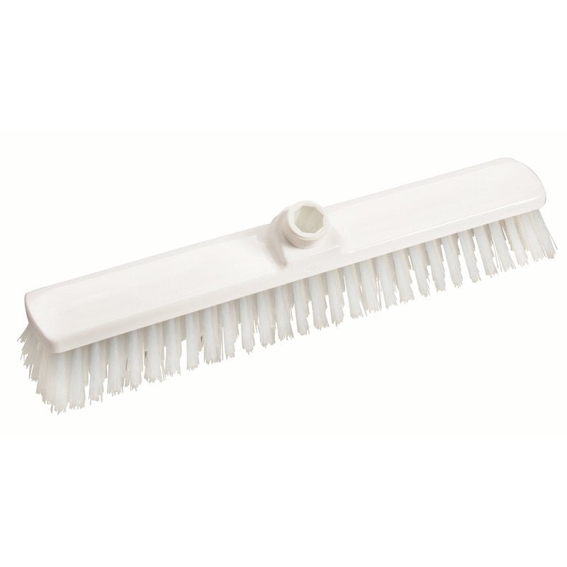 Haug Bürsten KG GROßRAUMWISCHER,PBT TRANSP. ø 0,50MM ŚREDNI 400X60X40MM to biały głowica do szorowania z sztywnym, prostym włosiem PBT i gwintowanym mocowaniem do kija, idealna do czyszczenia podłóg, przedstawiona na jednolitym tle.