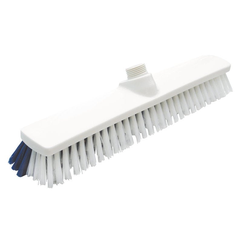Głowica szczotki DUO-BESEN firmy Haug Bürsten KG ma sztywne białe i ciemnoniebieskie włosie z poliestru PBT (ø 0,50/0,25 mm), mierzy 400x60x45/50 mm i posiada górne mocowanie do łatwego przymocowania trzonka.