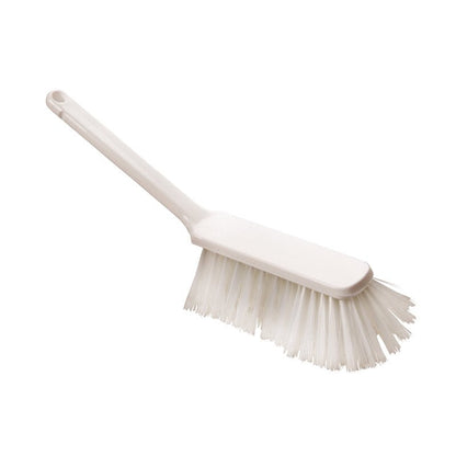HANDBESEN od Haug Bürsten KG to biała plastikowa szczotka do czyszczenia z miękkim, szczelinowym włosiem PBT ø 0,25 mm i wymiarach 310x40x50 mm. Posiada długą rączkę z otworem do zawieszania oraz gęsto upakowane, skierowane na zewnątrz włosie zapewniające skuteczne czyszczenie.