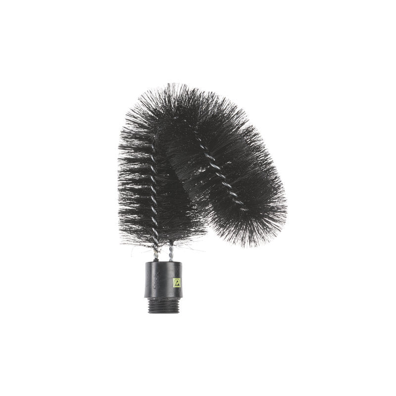 Eine schwarze, flexible, gedrehte ESD AUßENROHRBÜRSTE von Haug Bürsten KG mit dichten, antistatischen Nylonborsten (ø 0,30mm, weich), Gewindesockel aus Kunststoff und geschwungener Form wird vor einem weißen Hintergrund gezeigt. Größe: 190xø65x70mm.
