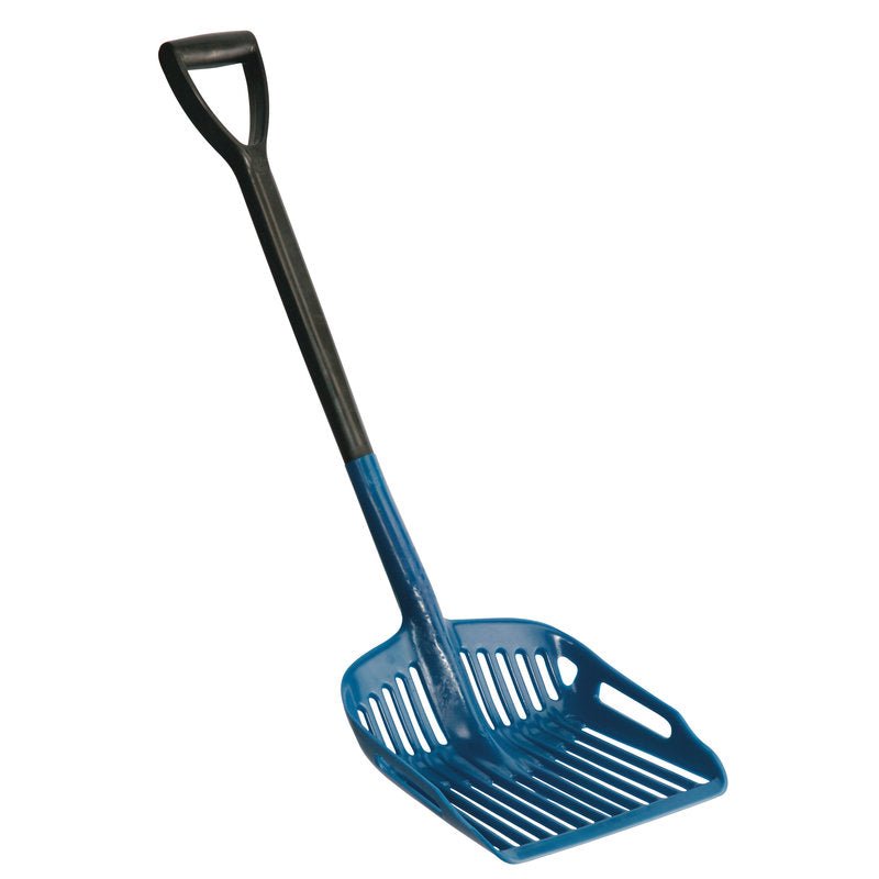 WIELOFUNKCYJNA ŁOPATA DO ODLEWANIA 322x322x952mm od Haug Bürsten KG to niebiesko-czarne narzędzie z tworzywa sztucznego z szczelinową łopatką i uchwytem w kształcie litery D, idealne do podnoszenia i przesiewania materiałów w kuchni.