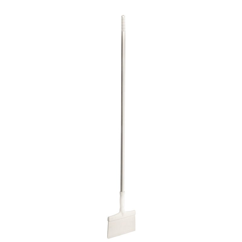 Haug Bürsten KG SKROBACZKA DO PODŁÓG Z ALUMINIOWYM TRZONKIEM PA-SKROBACZKA (250x35x1418MM) to narzędzie czyszczące z długim trzonkiem, z białym aluminiowym trzonkiem i płaskim, prostokątnym ostrzem, idealne do czyszczenia podłóg, przedstawione na prostym białym tle.